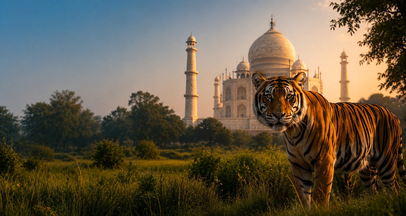 Bengal tiger standing in grassland before the Taj Mahal at sunrise